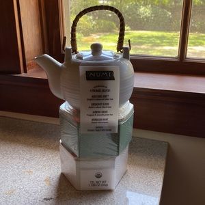 Numi ceramic teapot w/ infuser & 2 lidded ceramic boxes of various organic teas